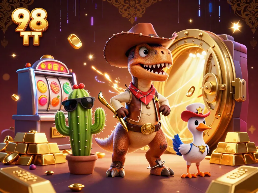 Experience excitement with 98 WIN TT as a cartoon dinosaur T-Rex spins slots and treasures gleam.