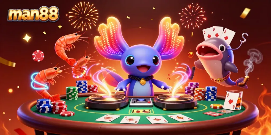 Exciting scene of man88 with a neon axolotl DJ surrounded by colorful poker chips and energetic beach-themed characters.