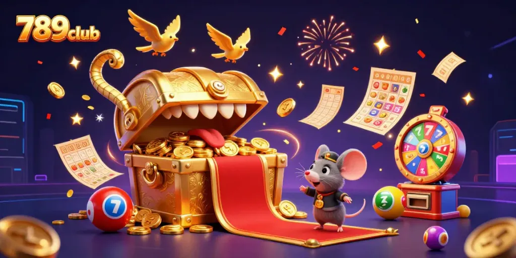 Engage with 789club's vibrant gaming adventure, showcasing a treasure-luring chest and lottery elements.