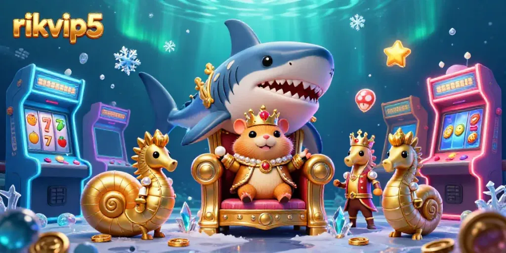 Engage in thrilling gameplay at rikvip5 with a vibrant underwater 3D casino scene featuring a hamster king and gaming elements.