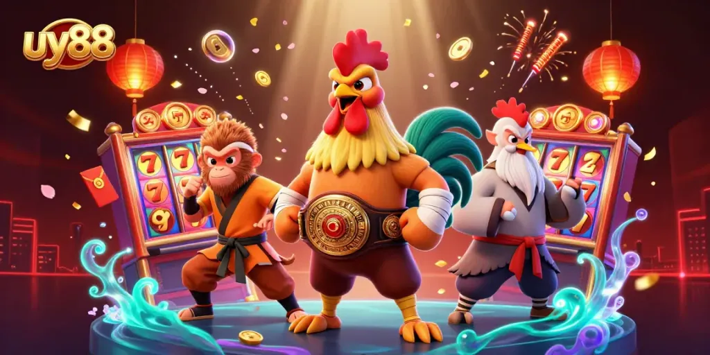 Engage in winning strategies with uy88's vibrant casino-themed 3D illustration featuring iconic characters and gaming elements.