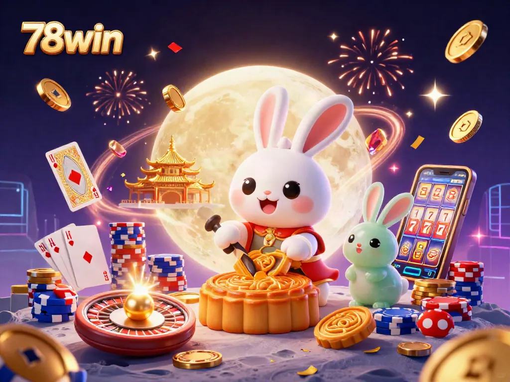 Experience the thrill of 78win with a vibrant 3D casino scene filled with poker chips and gold.
