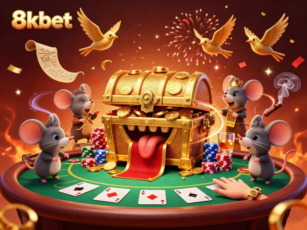 Experience the thrill at 8kbet with a treasure chest surrounded by casino riches.