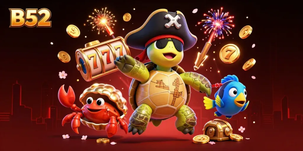 B52 gamers celebrating with slot reels and treasure in a vibrant, colorful casino scene.