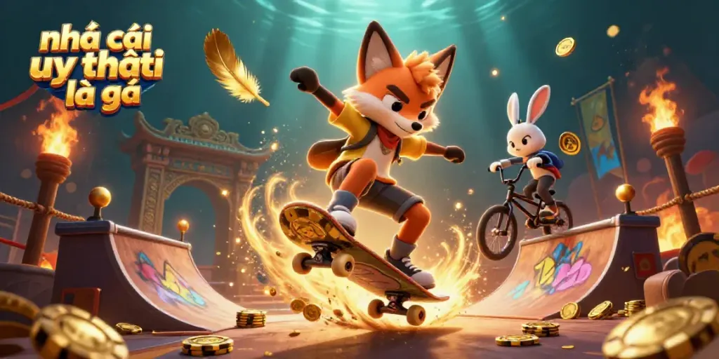 Create fun with nhà cái uy tín là gì in this vibrant scene of a skateboarder fox and BMX rabbit, showcasing lively casino symbols.