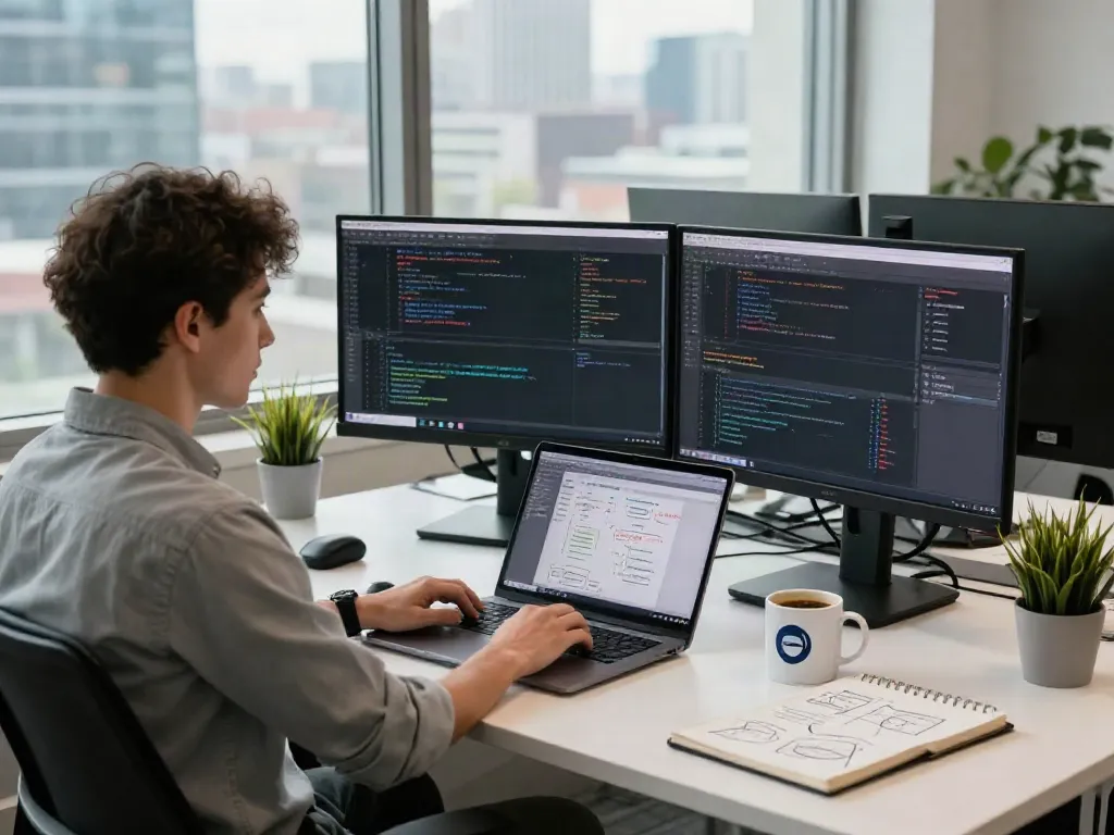 Software engineer coding at a modern workspace with istana404 digital tools and city view.