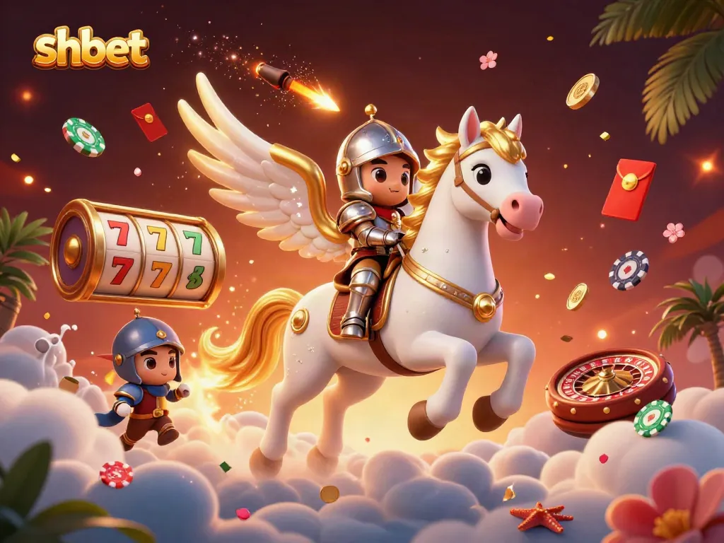 Engage in thrilling games at shbet with a celestial horse and knight, surrounded by slots and roulette elements.