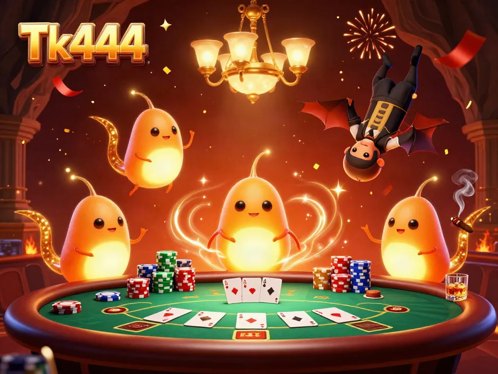 Experience the vibrant atmosphere of Tk444's online casino with glowworms and a bat dealer amidst poker elements.