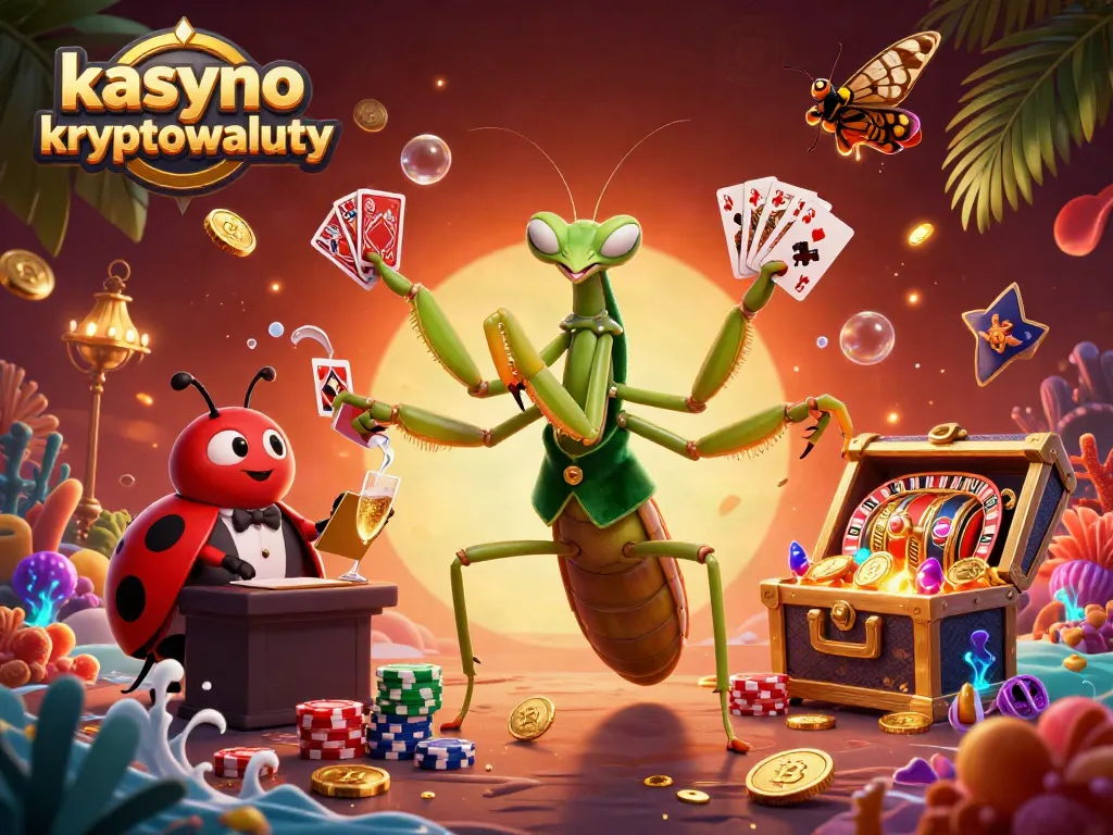 Engaging illustration of kasyno kryptowaluty featuring a giant mantis card sharp, floating coins, and vibrant casino elements.