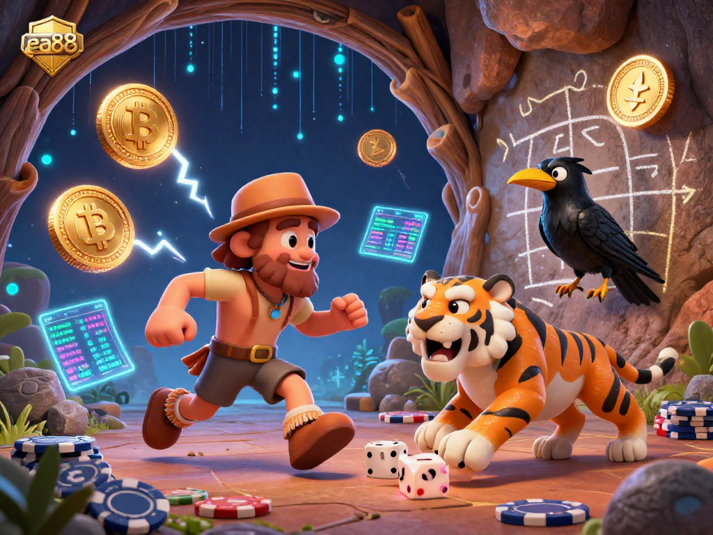 Experience the thrilling world of ea88 with a prehistoric casino scene, featuring neon coins and classic game elements.