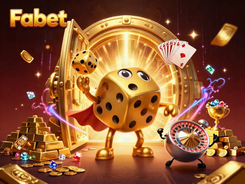 Fabet's golden dice golem and roulette companion create excitement in a vibrant casino scene.