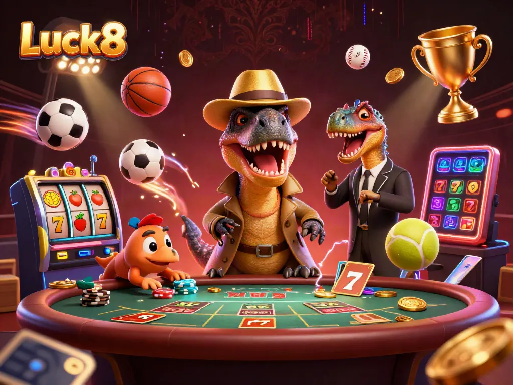 Experience Luck8's exciting gaming world with a velociraptor card counter and vibrant casino elements.