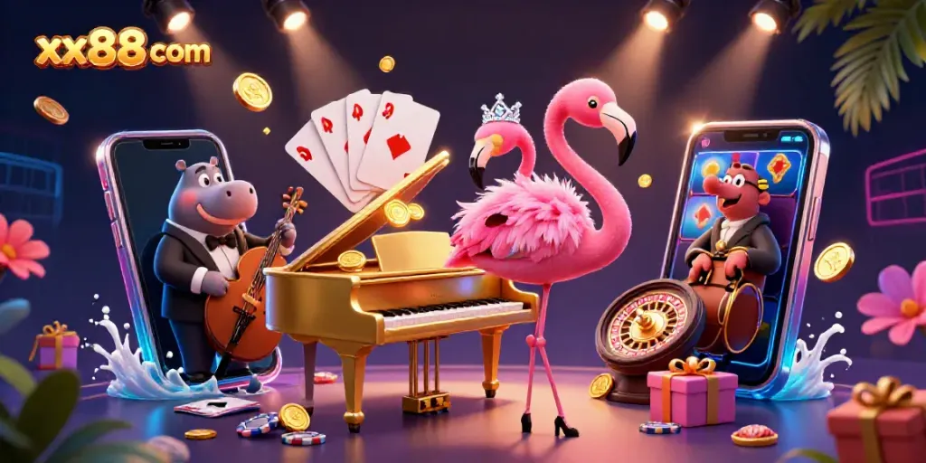 Experience the vibrant gaming scene at xx88 com with a dazzling flamingo singer and hippo bassist.