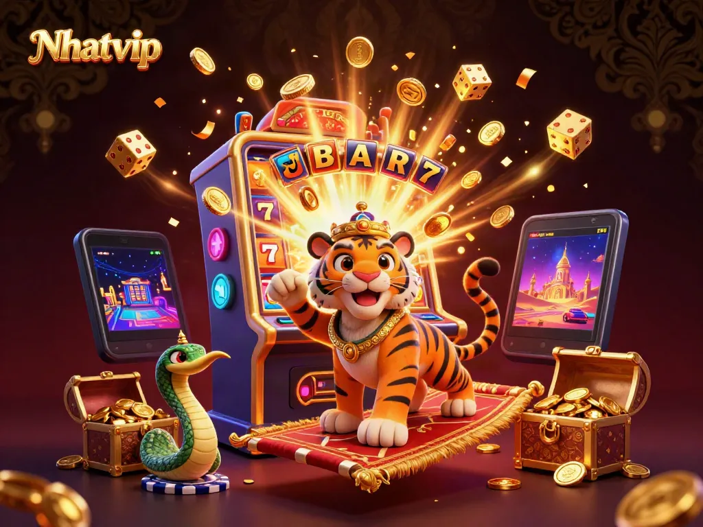 Nhatvip casino scene depicting a tiger sultan with a magic lamp, bursting slot machine elements, and rich gold treasures.
