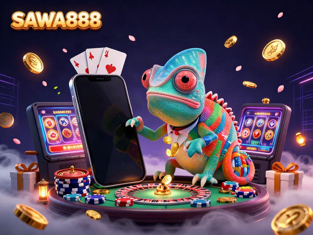 Catch golden coins with SAWA888's vibrant casino illustration featuring a colorful chameleon and slot games.