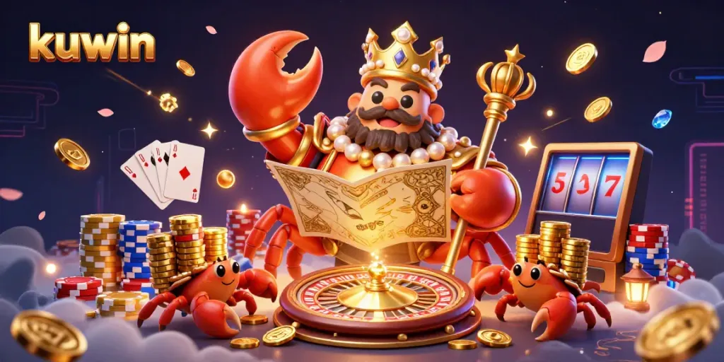 Kuwin's golden crab emperor engages players in an immersive gaming environment with treasure, cards, and vibrant visuals.