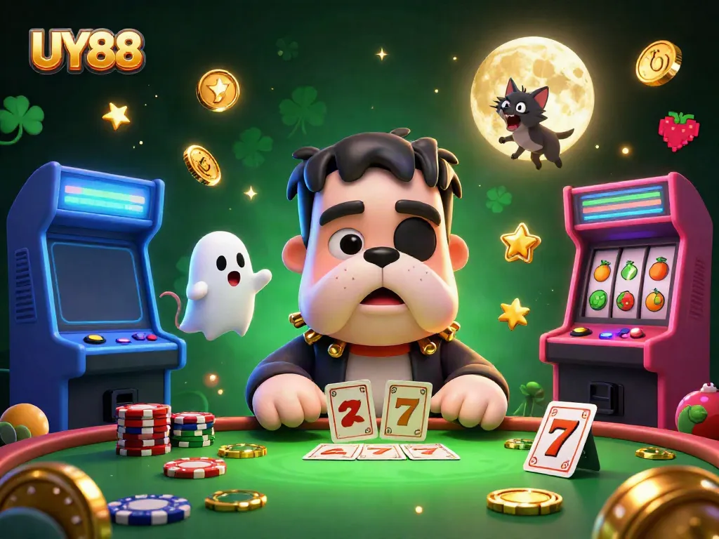 Engage with UY88's exciting card games hosted by a quirky 3D Frankenstein bulldog monster in a vibrant casino scene.