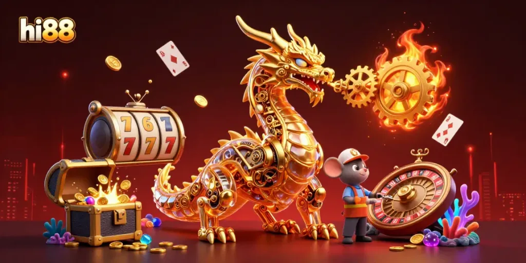 Experience the excitement of hi 88 with a captivating 3D illustration of a golden dragon and gaming elements.