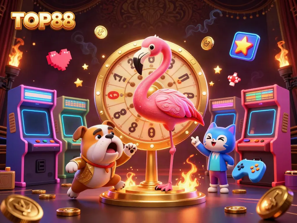 Engaged characters in a dynamic scene promoting TOP88, featuring fun casino elements and bright visuals.