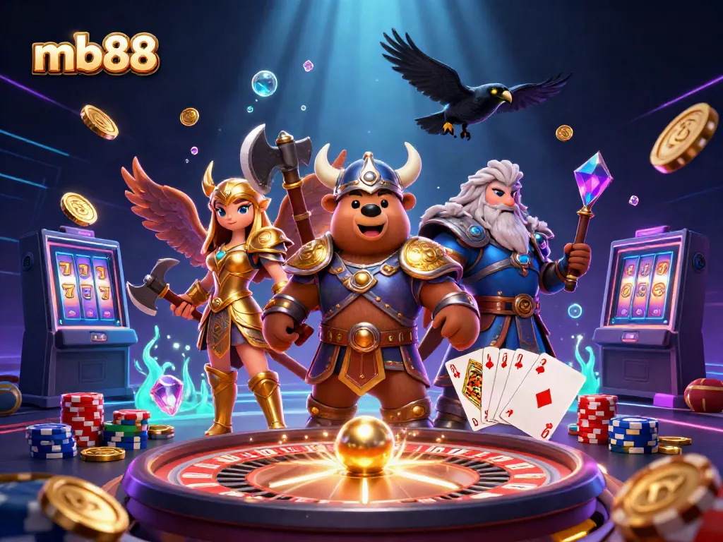 Spin and win at mb88 with thrilling 3D casino characters surrounded by dynamic game elements.