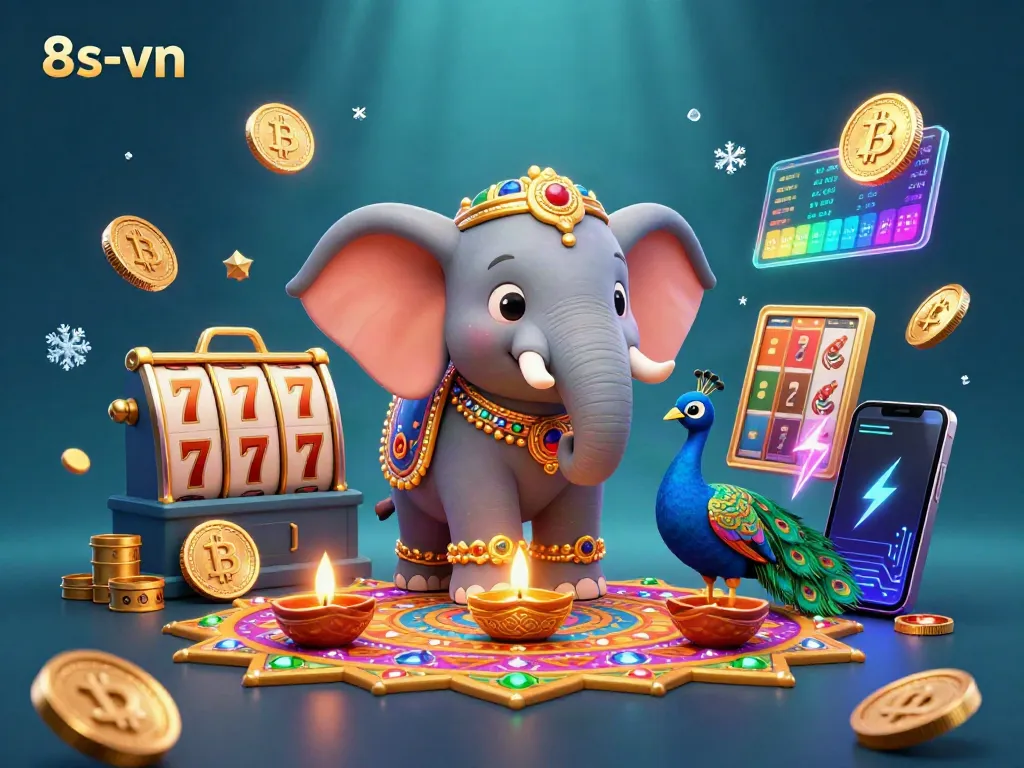 Engage with the vibrant 8s-vn scene featuring a Diwali-themed elephant and colorful graphics, highlighting casino fun.