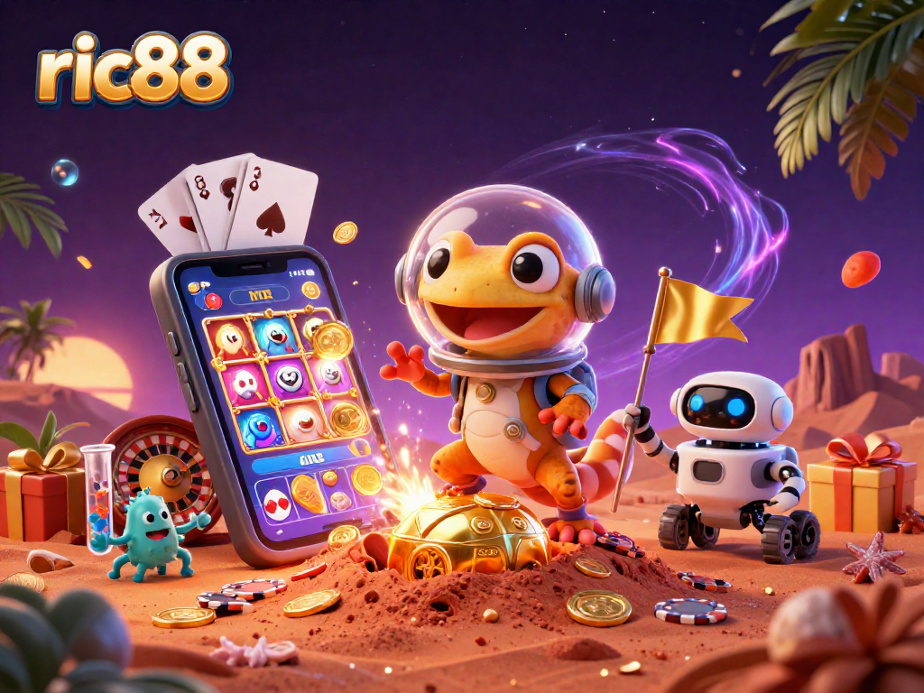Experience the excitement at ric88 with a dynamic 3D illustration of a Martian gecko discovering a golden casino.