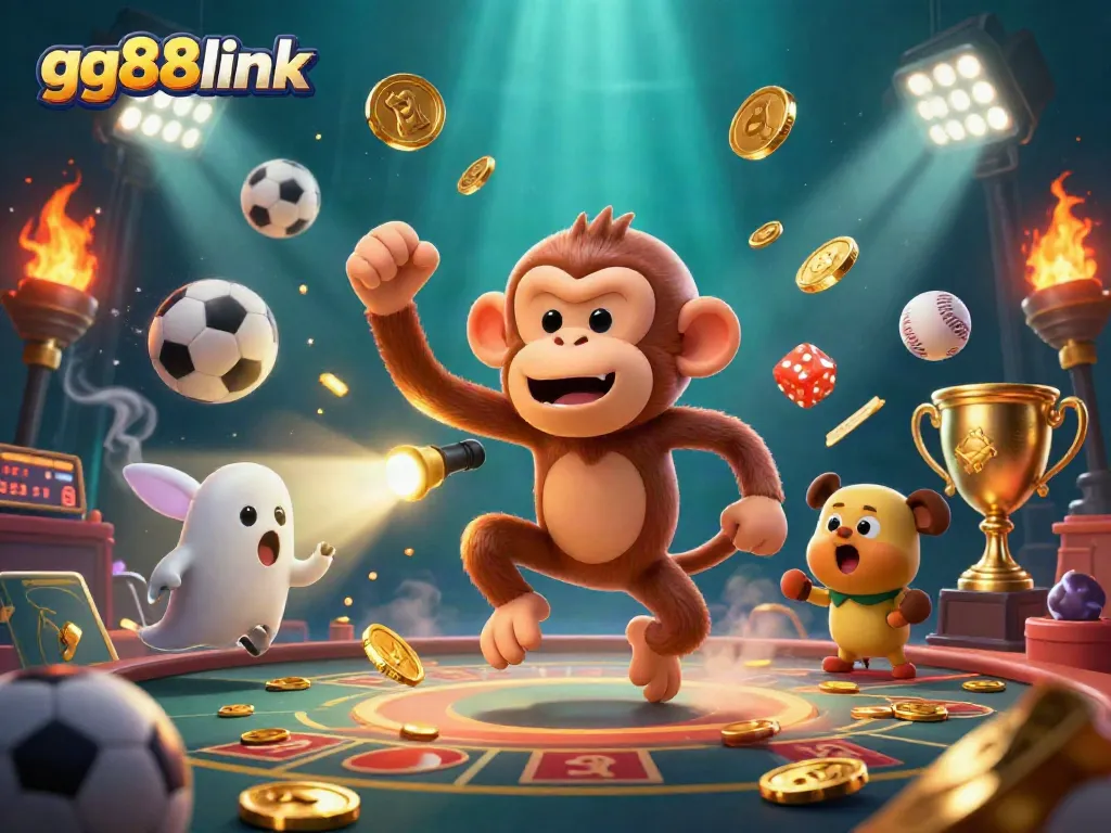 Engage with gg88link's thrilling casino atmosphere featuring a playful poltergeist monkey and an adventurous puppy.