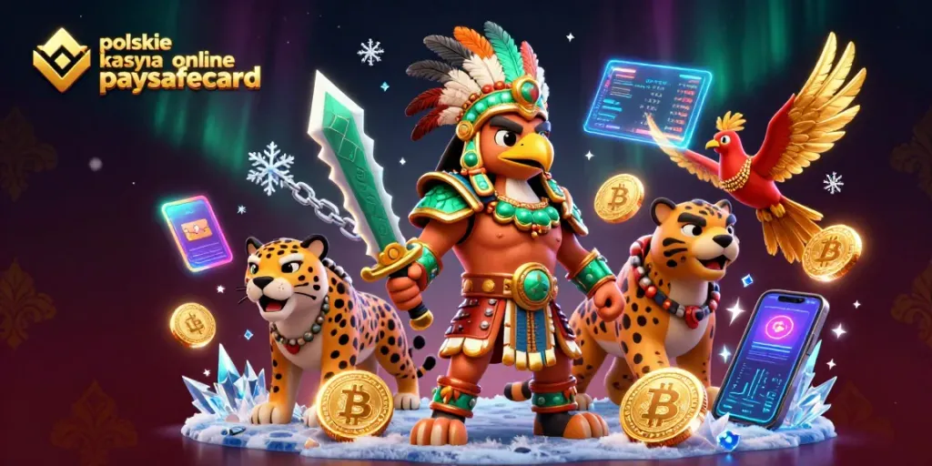 Play and win at polskie kasyna online paysafecard with unique Aztec warriors amidst vibrant crypto elements.