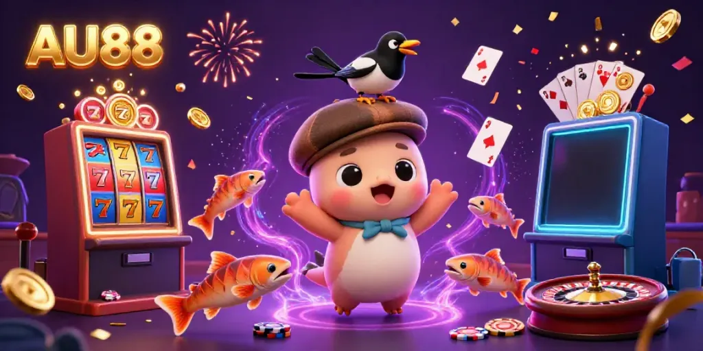 A playful 3D Nessie character engaging in casino fun at AU88, surrounded by colorful game elements.