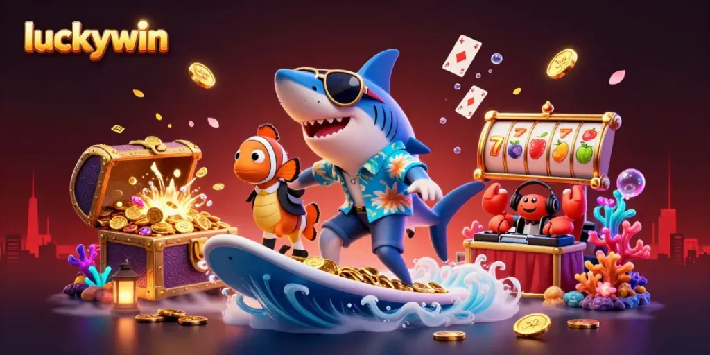 Explore the thrilling world of luckywin with a surfing shark, clownfish, and a crab DJ amidst gold coins.