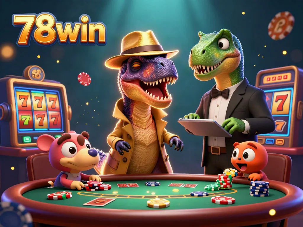 Experience thrilling gameplay at 78win with a vibrant 3D casino scene featuring card counting velociraptor.
