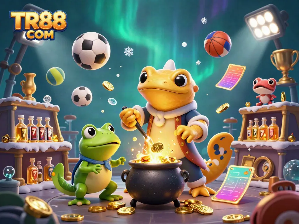 Experience the excitement of TR88 COM with a vibrant illustration of a golden salamander alchemist amid sports and casino elements.
