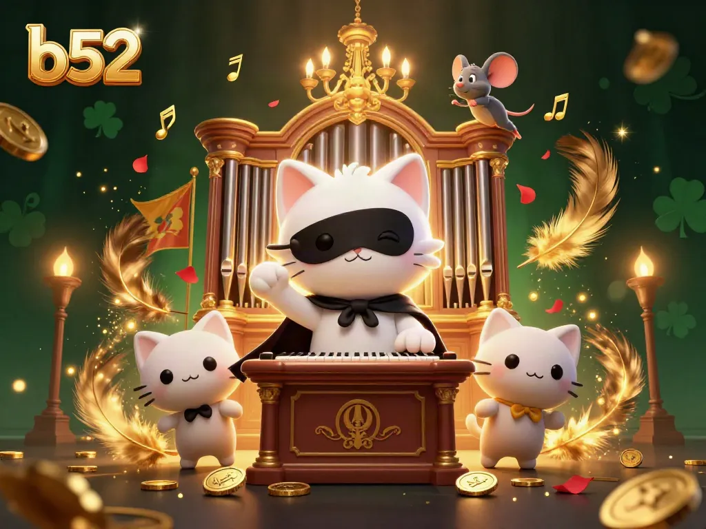 Engage in thrilling b52 casino adventures with a whimsical 3D illustration featuring a phantom cat and acrobat.