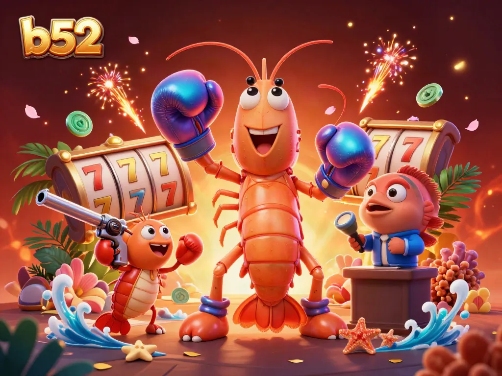 B52 spins to victory in an ultra-detailed casino scene with colorful slot reels and festive firework effects.