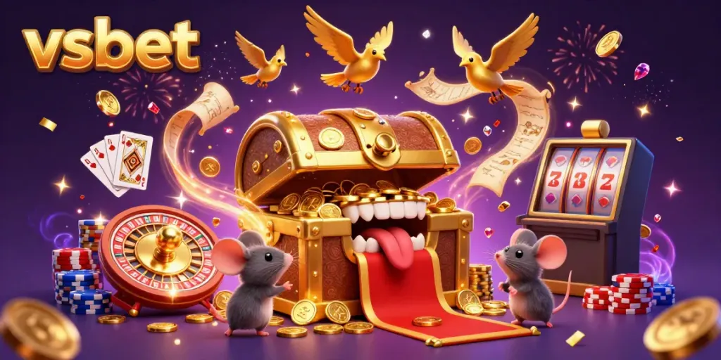Experience the thrill of gaming with vsbet in this immersive 3D casino scene filled with treasures and festive energy.