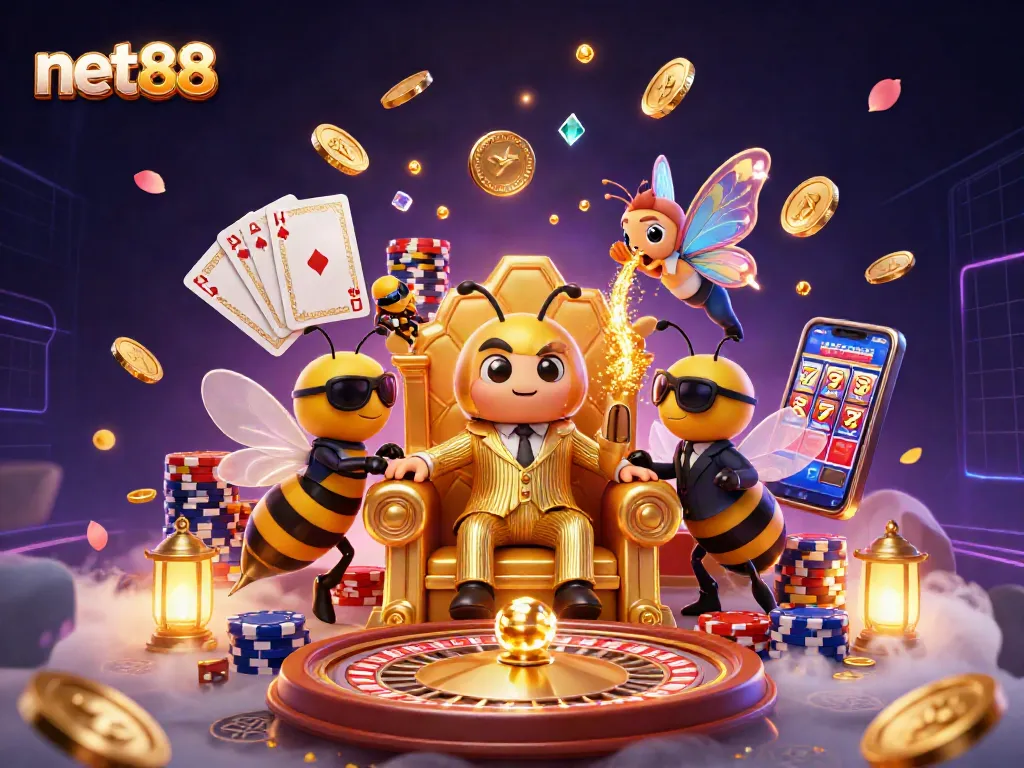 Experience thrilling wins at net88 with a lively 3D casino scene featuring vibrant games and action.