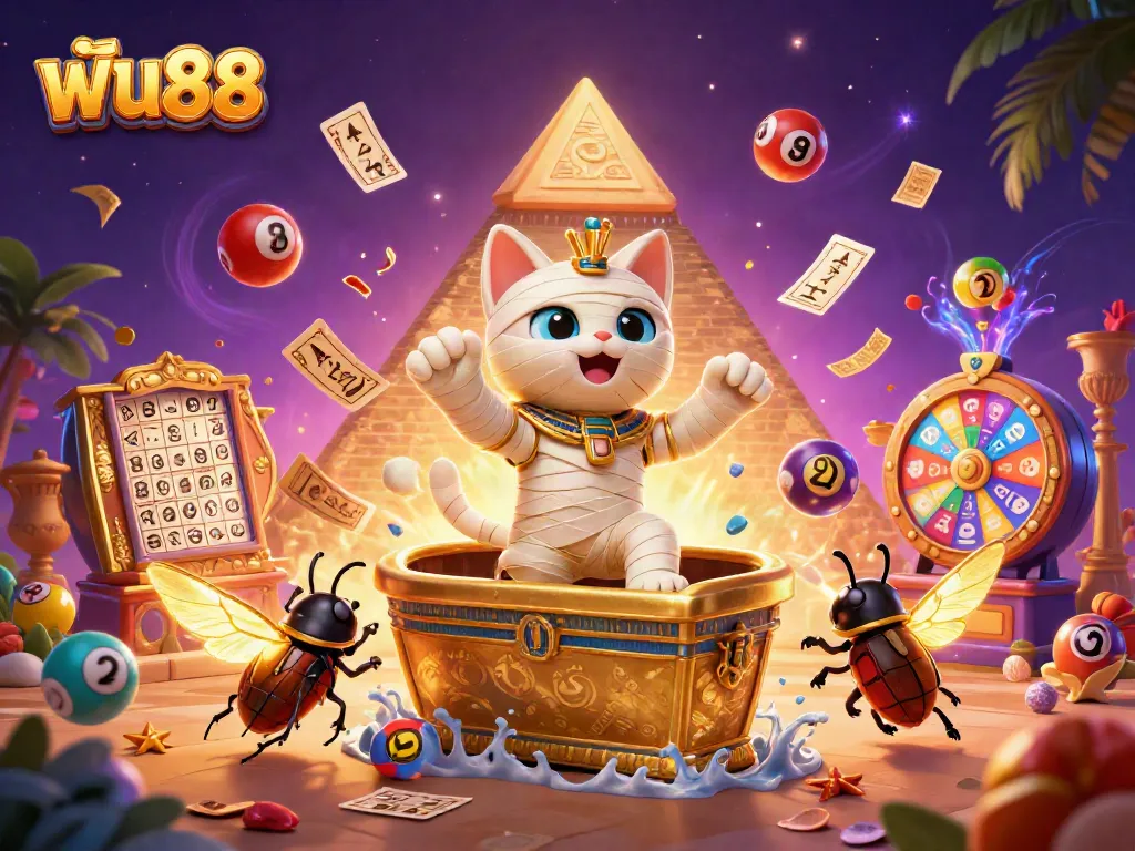 Experience the thrill of ฟัน88 with an exciting 3D illustration of a mummy cat and a scarab beetle amidst a pyramid casino.