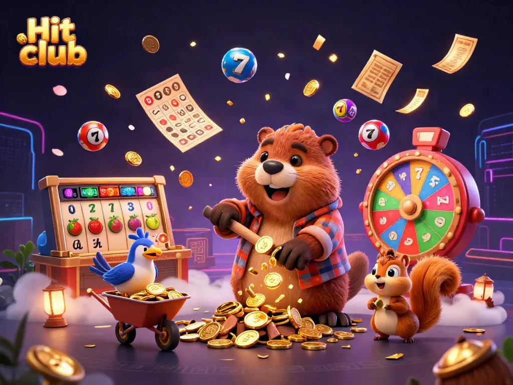 Engage with the Hit club experience as cartoon characters celebrate winnings among vibrant slot games and lottery elements.