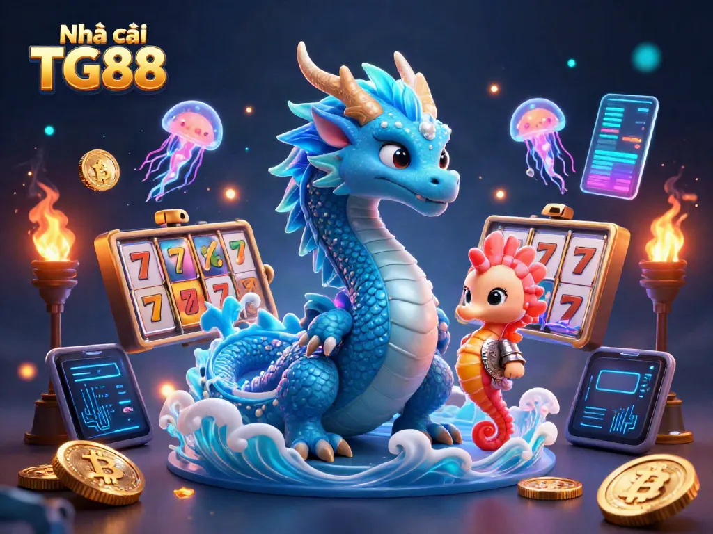 Play with the majestic ставок банка dragon and seahorse knight at Nhà cái TG88 amidst vibrant neon slots and crypto elements.