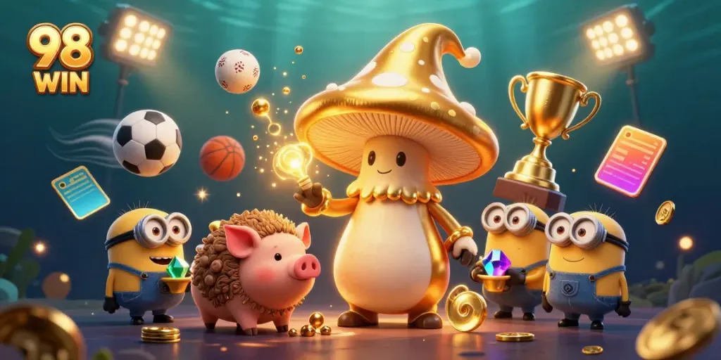 Experience thrilling moments at 98 WIN with golden mushroom wizards and dynamic sports elements everywhere.