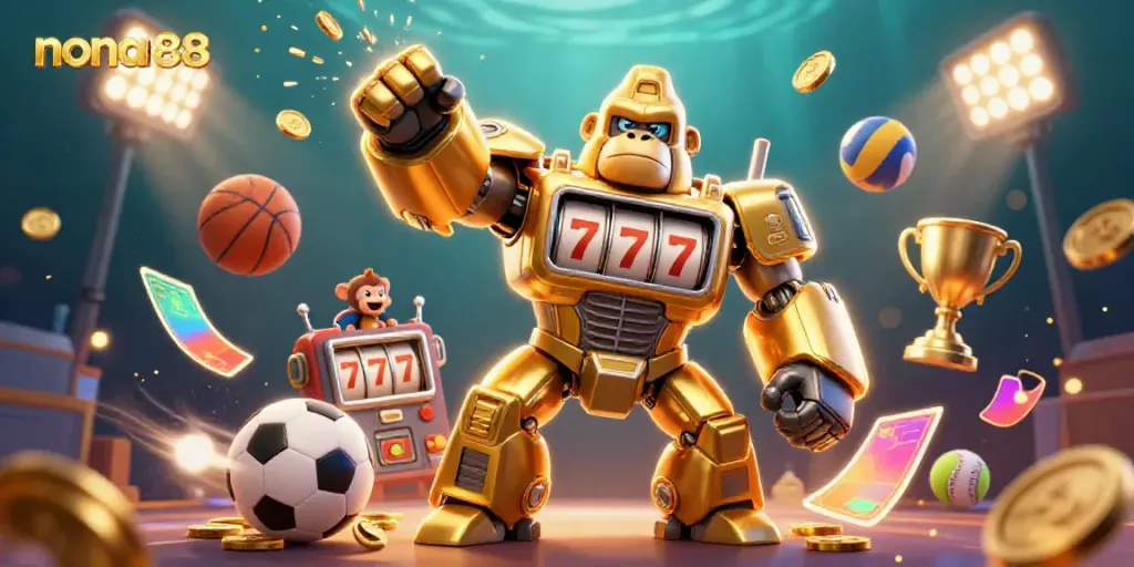 Experience thrilling gameplay with nona88, featuring a giant golden gorilla mech, slot machine parts, and explosive gold coins.