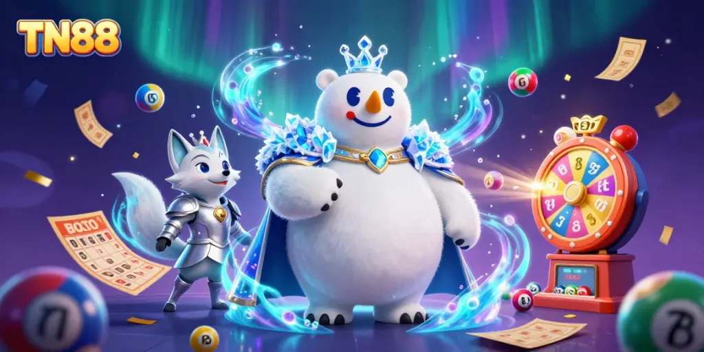 Experience the excitement of TN88 with a vibrant casino scene featuring an ice king polar bear and a snow fox.