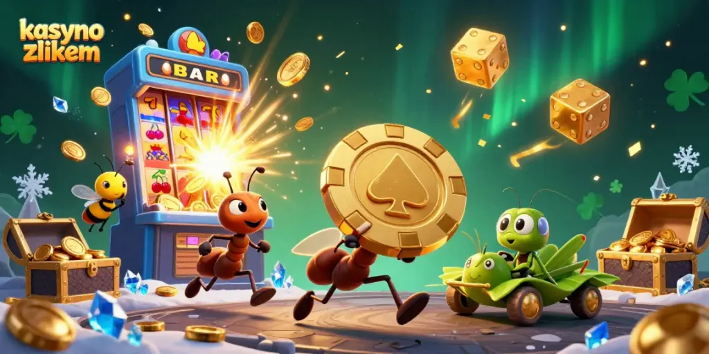Experience the thrill at a kasyno z blikiem, featuring a heist by cartoon ants with golden poker chips.