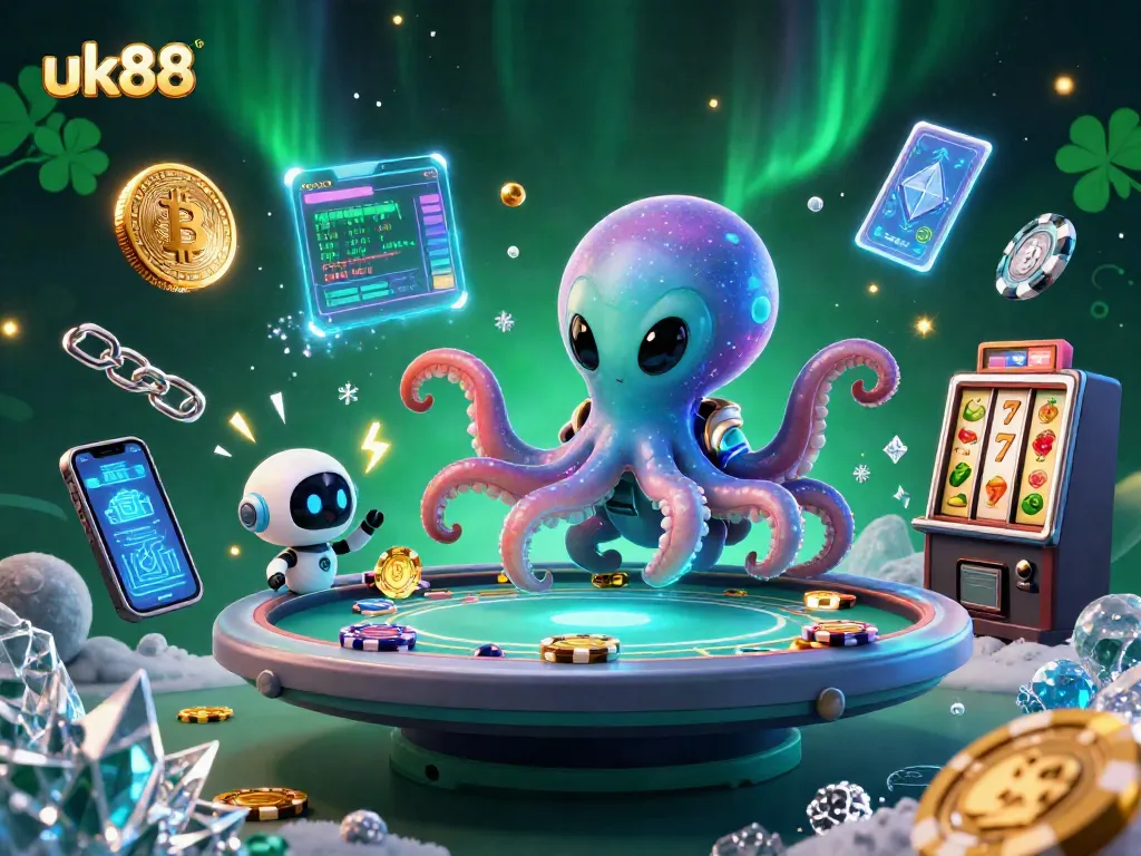 Experience the excitement of uk88 with a vibrant 3D scene featuring an alien octopus at a poker table surrounded by crypto elements.