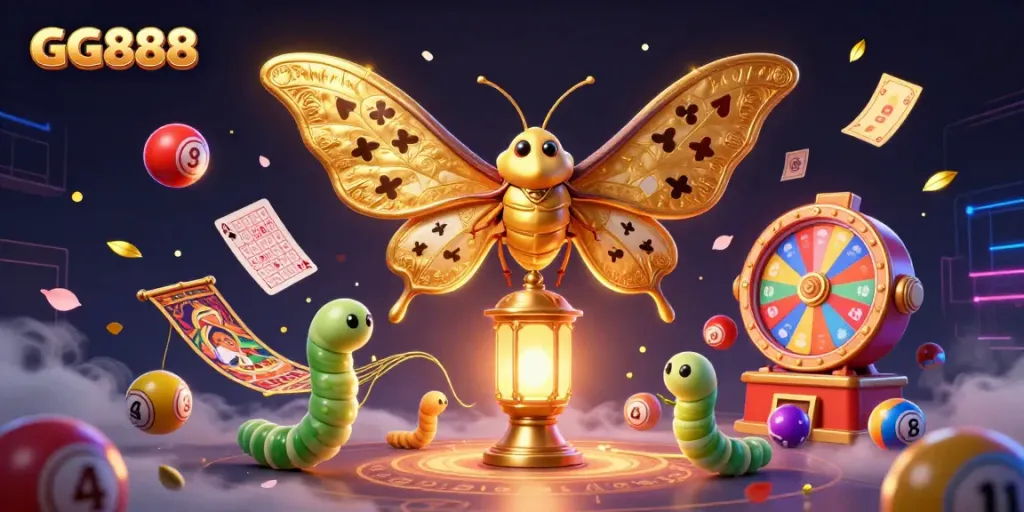 Experience vibrant gaming excitement with GG888, featuring a magical moth and lively casino elements.