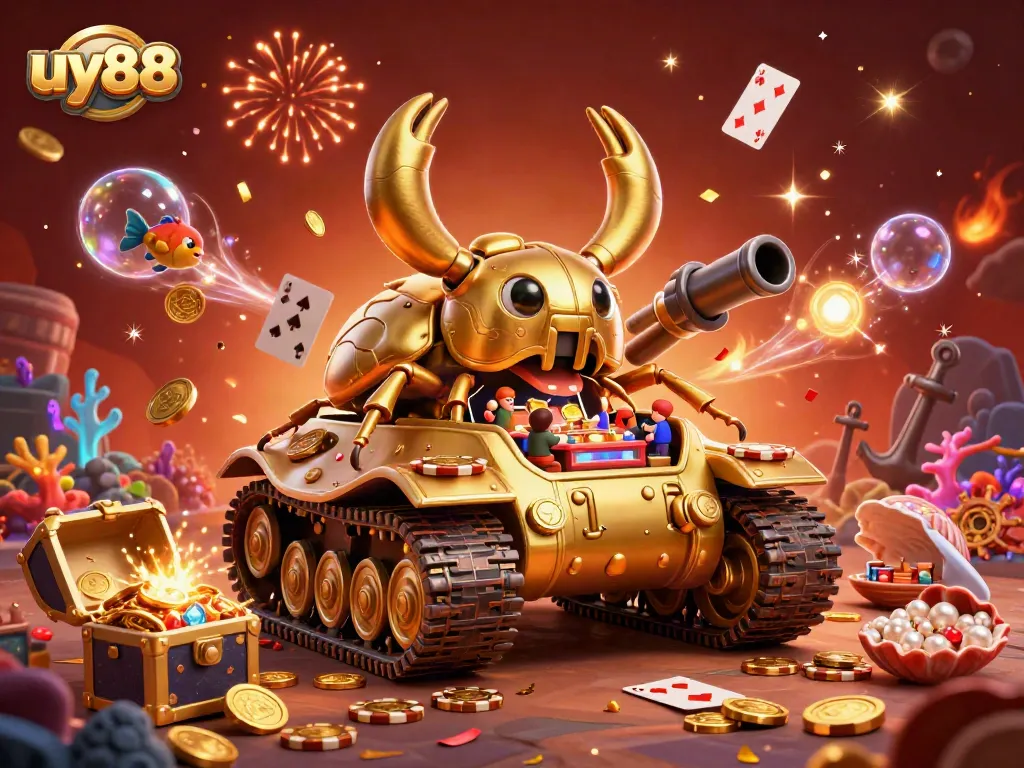 Experience the excitement of uy88, a colorful casino adventure with a golden beetle tank and vibrant treasure.