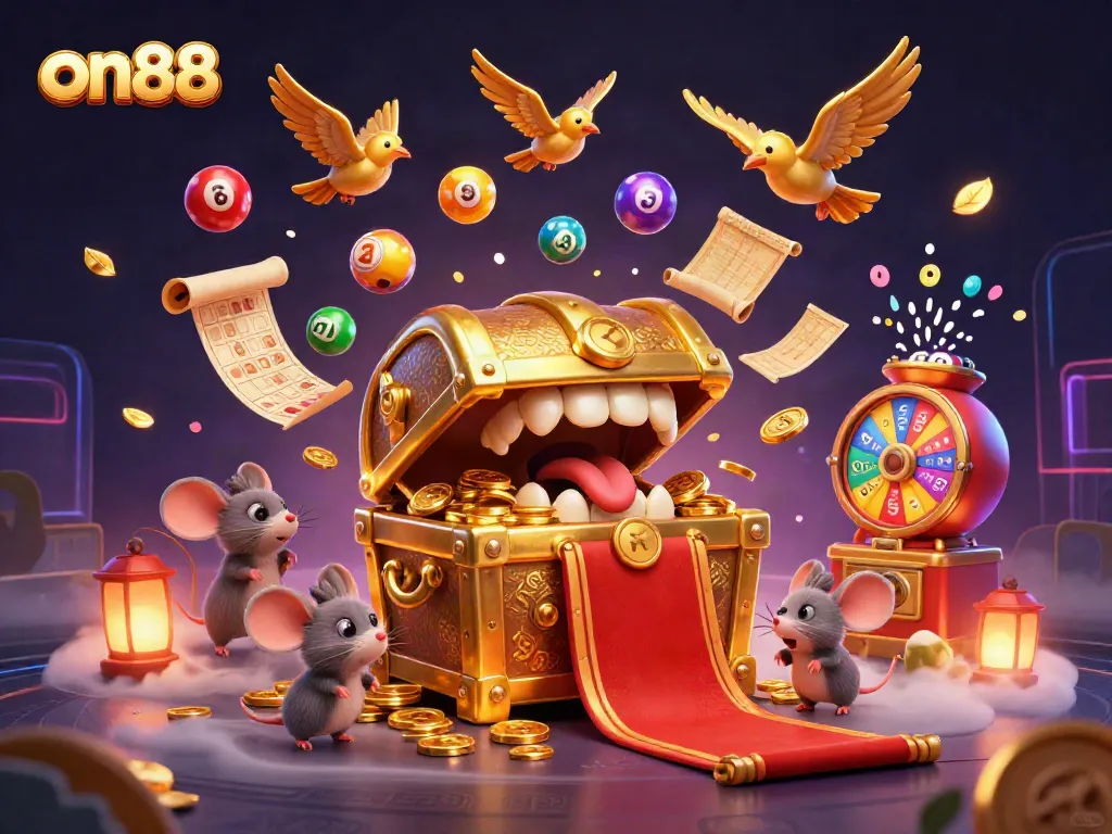 Engage with on88 through vibrant games and treasure-filled adventures in a dynamic, colorful casino scene.