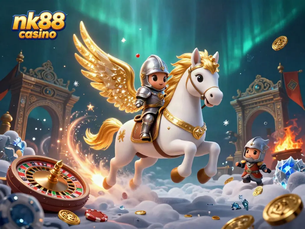 Engage with nk88 casino through thrilling gaming experiences like roulette and poker in this vibrant 3D illustration.