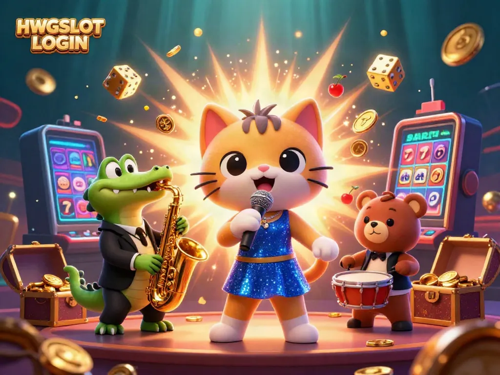 Experience seamless gameplay with the HWGSLOT LOGIN, featuring vibrant characters and casino elements.