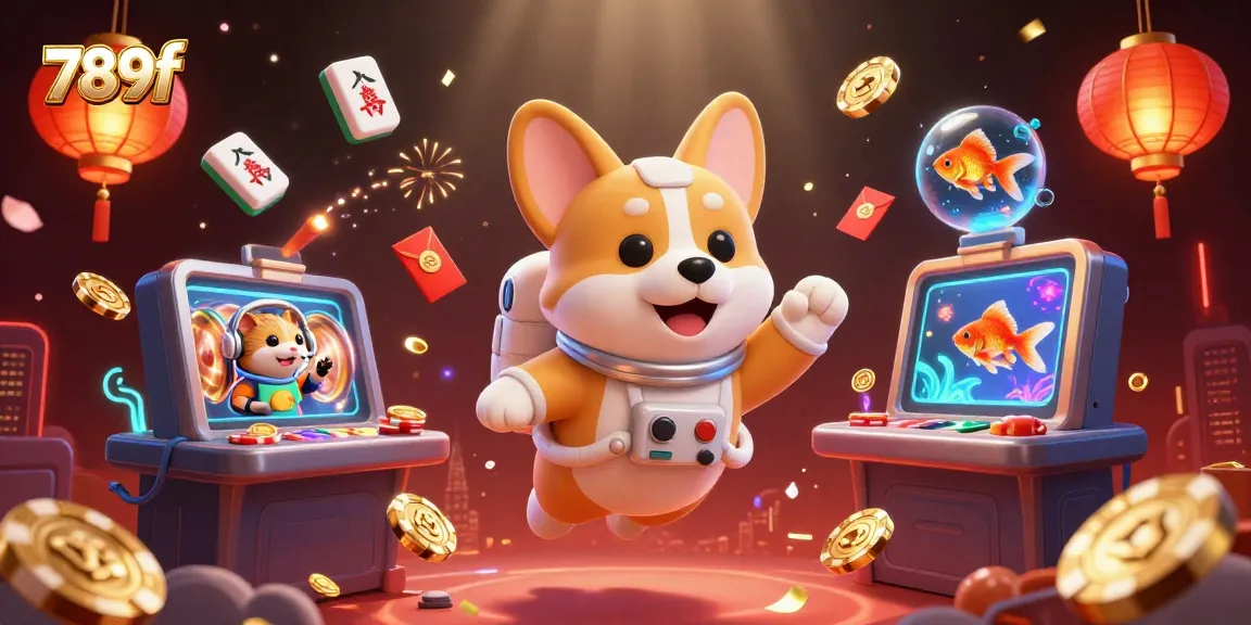 Experience thrilling gameplay with 789f, featuring a floating astronaut corgi and vibrant casino elements.
